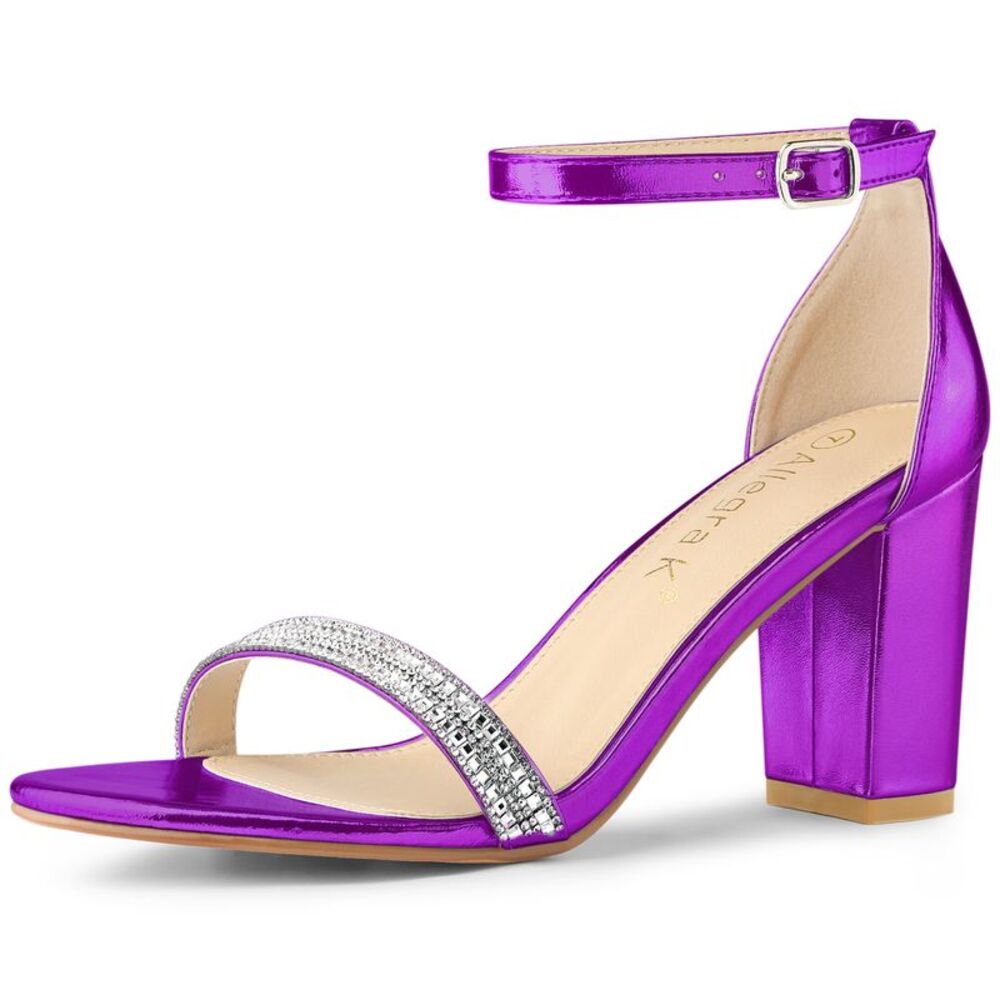 Rhinestone Ankle Strap Chunky Heels Sandals Purple